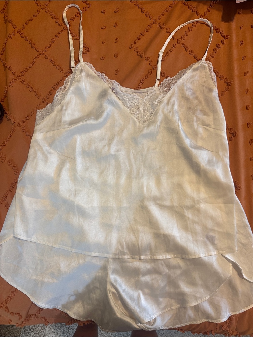Adore Me White Satin Lace-Trim Cami & Short Set